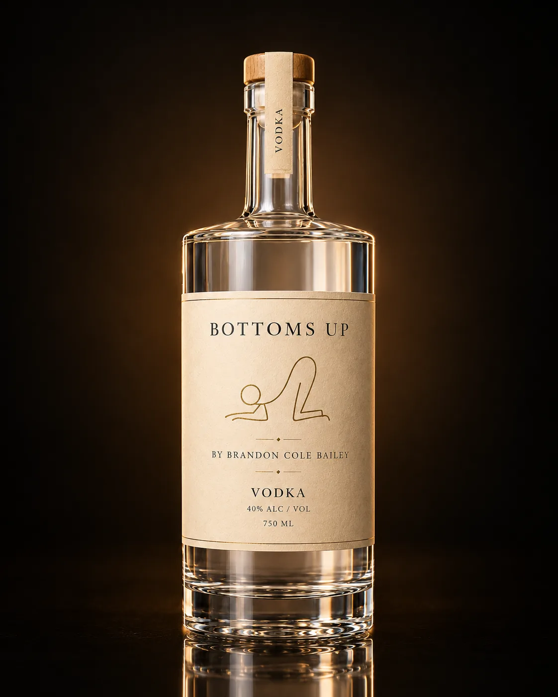 Bottoms Up vodka bottle on a dark studio background
