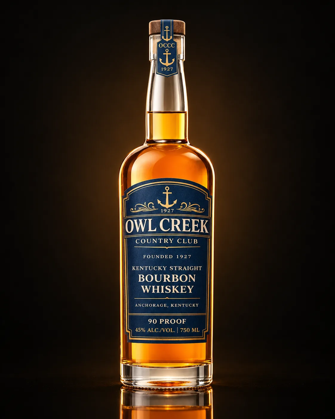 Owl Creek bourbon bottle on a dark studio background