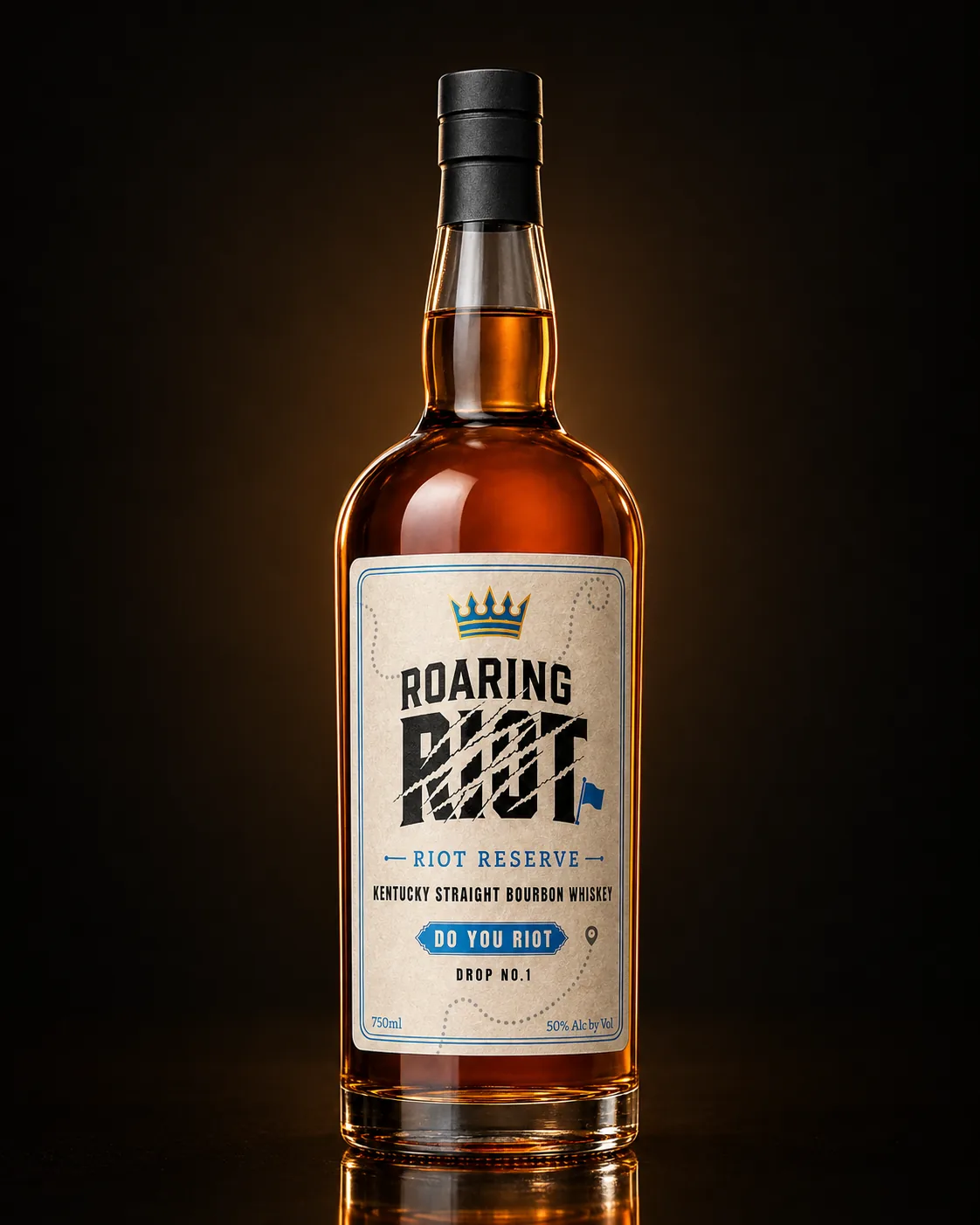 Roaring Riot Reserve bourbon bottle on a dark studio background