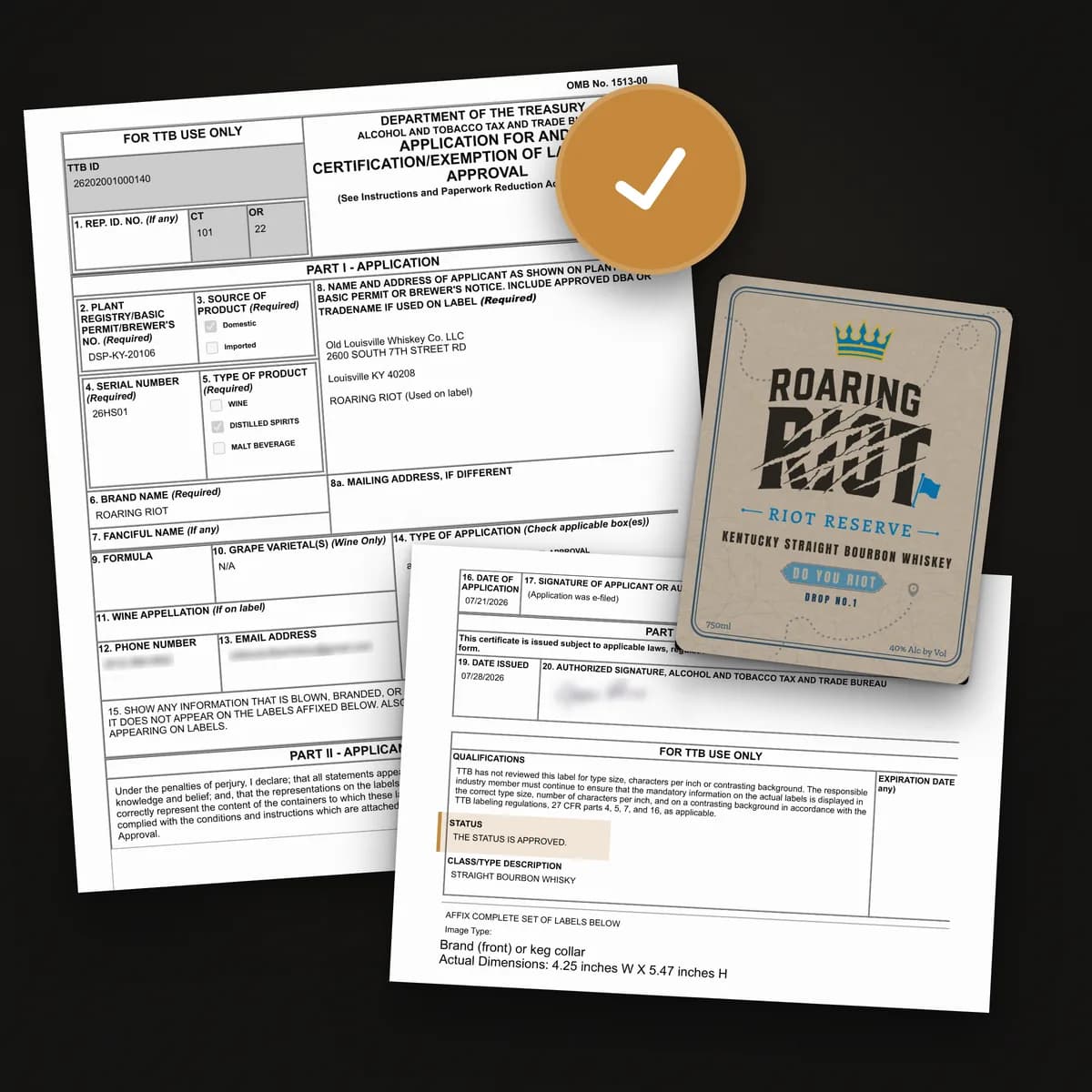 TTB COLA form with a gold check mark