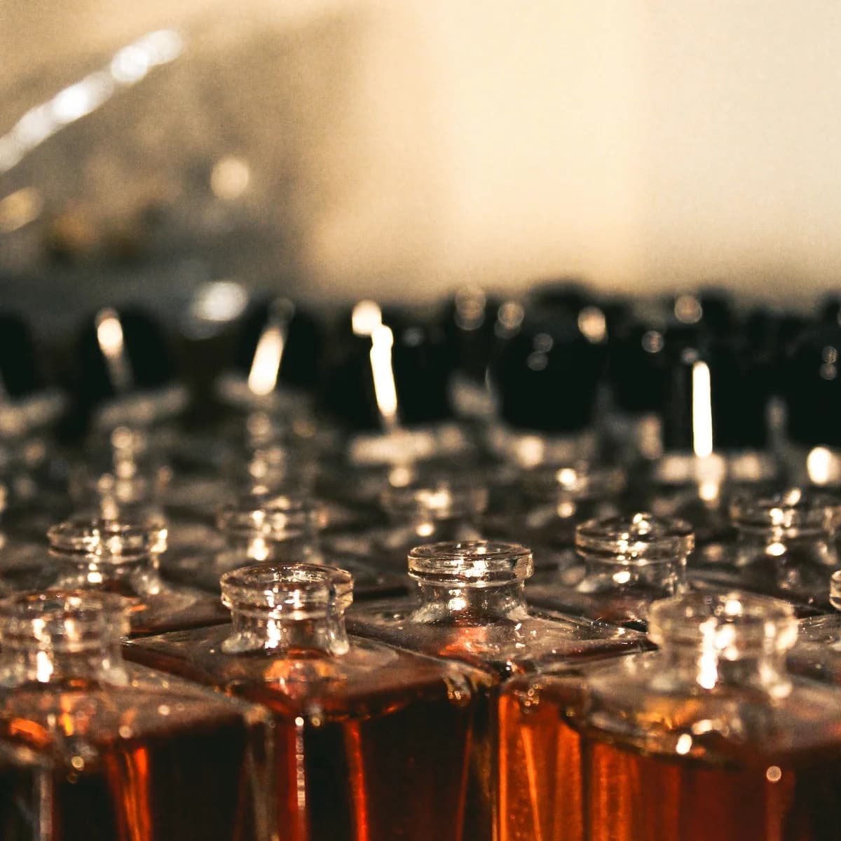 Rows of freshly filled uncapped square bottles of amber spirit