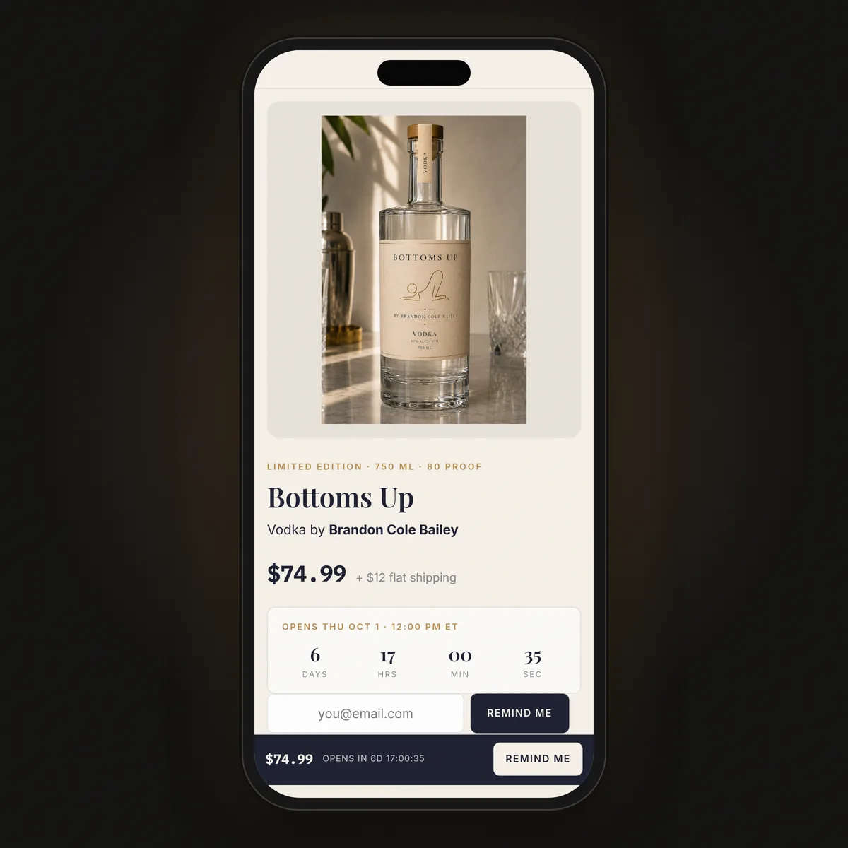 Bottoms Up drop page by Brandon Cole Bailey on a phone