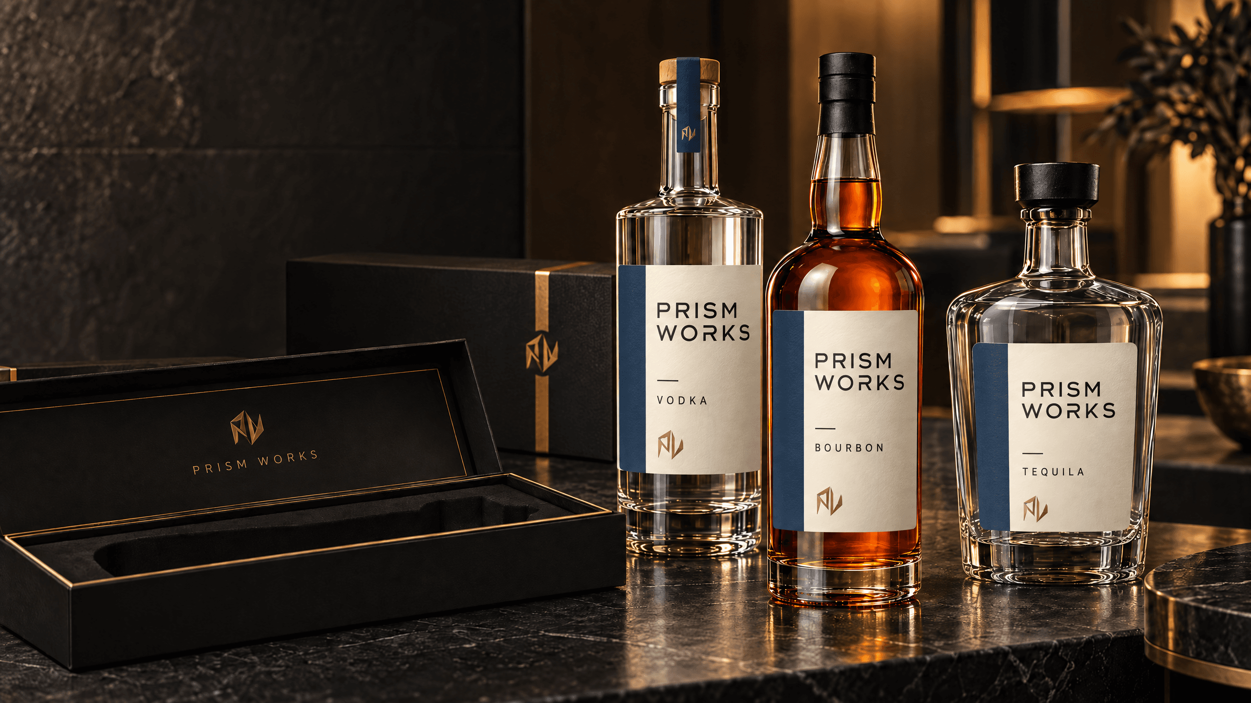 Custom-label bourbon, vodka and tequila with premium gift packaging.