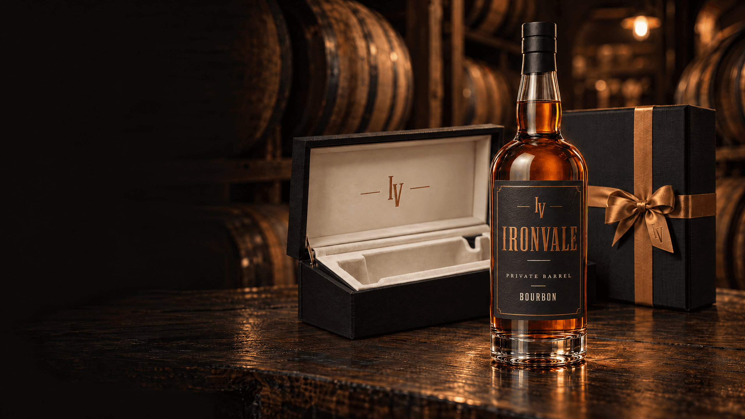 Private-barrel bourbon and an open gift case in an oak barrel room.