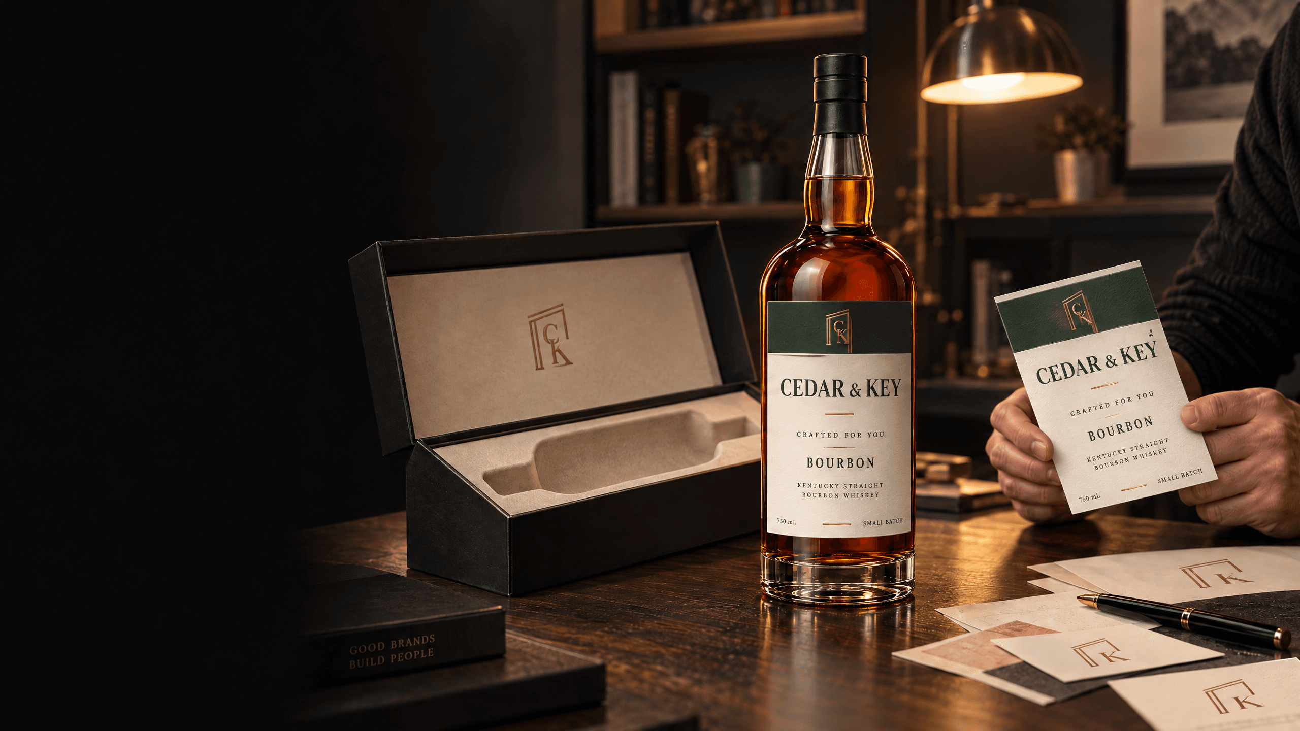 A finished custom-label bottle and gift case beside its printed label proof.