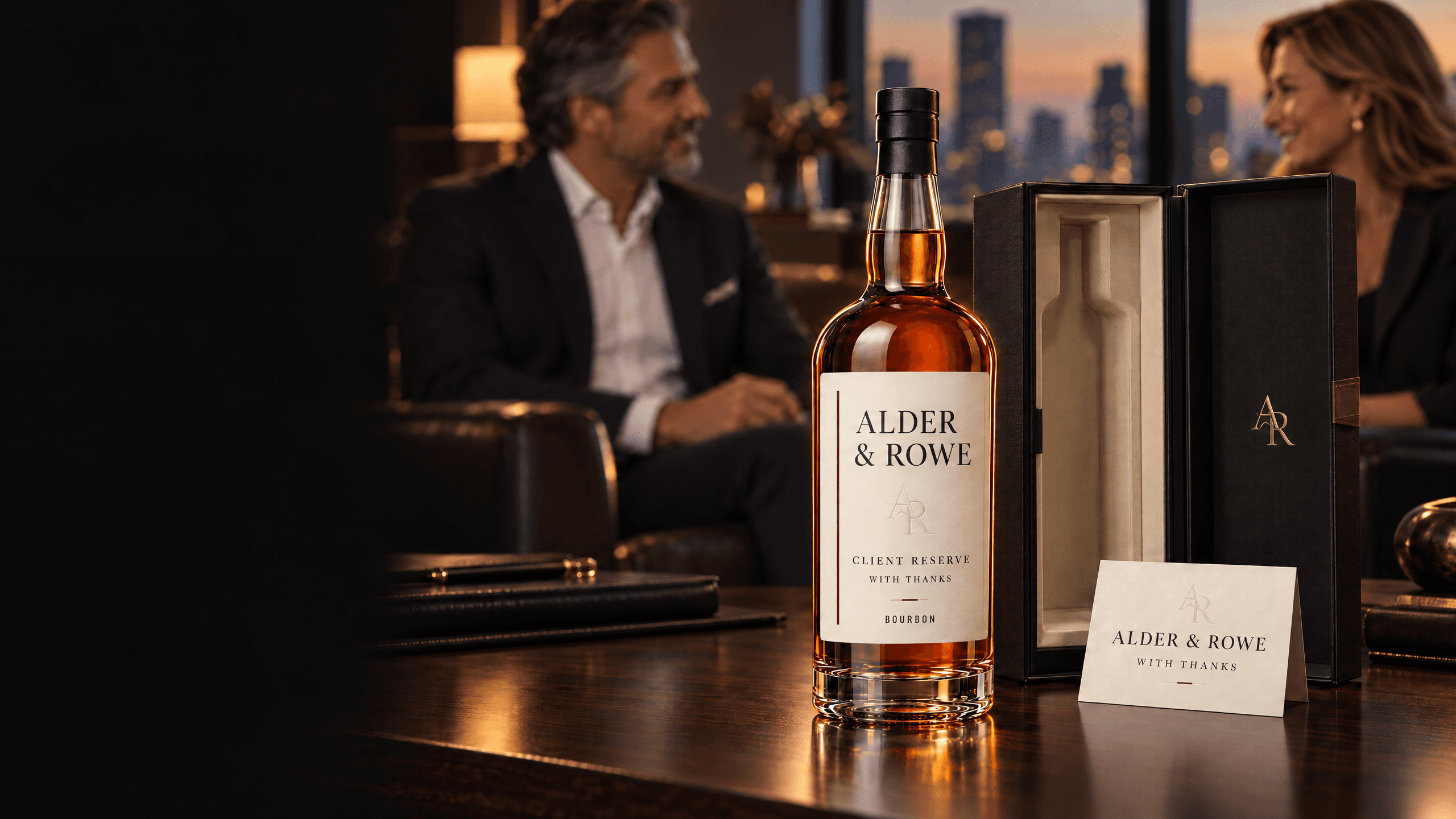 A client thank-you bourbon bottle in an executive lounge.
