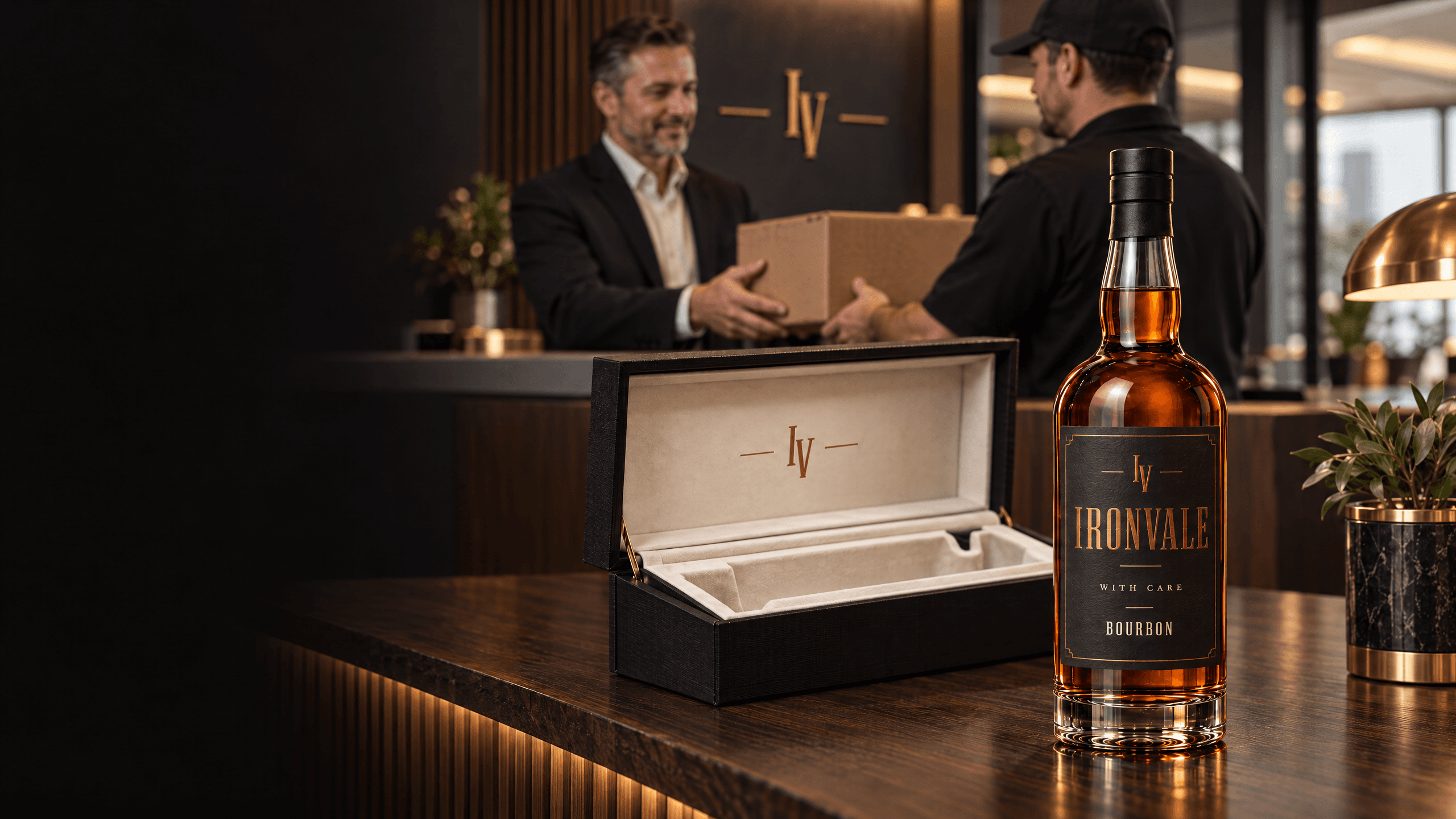 A custom-label bourbon gift and an attended adult delivery at office reception.