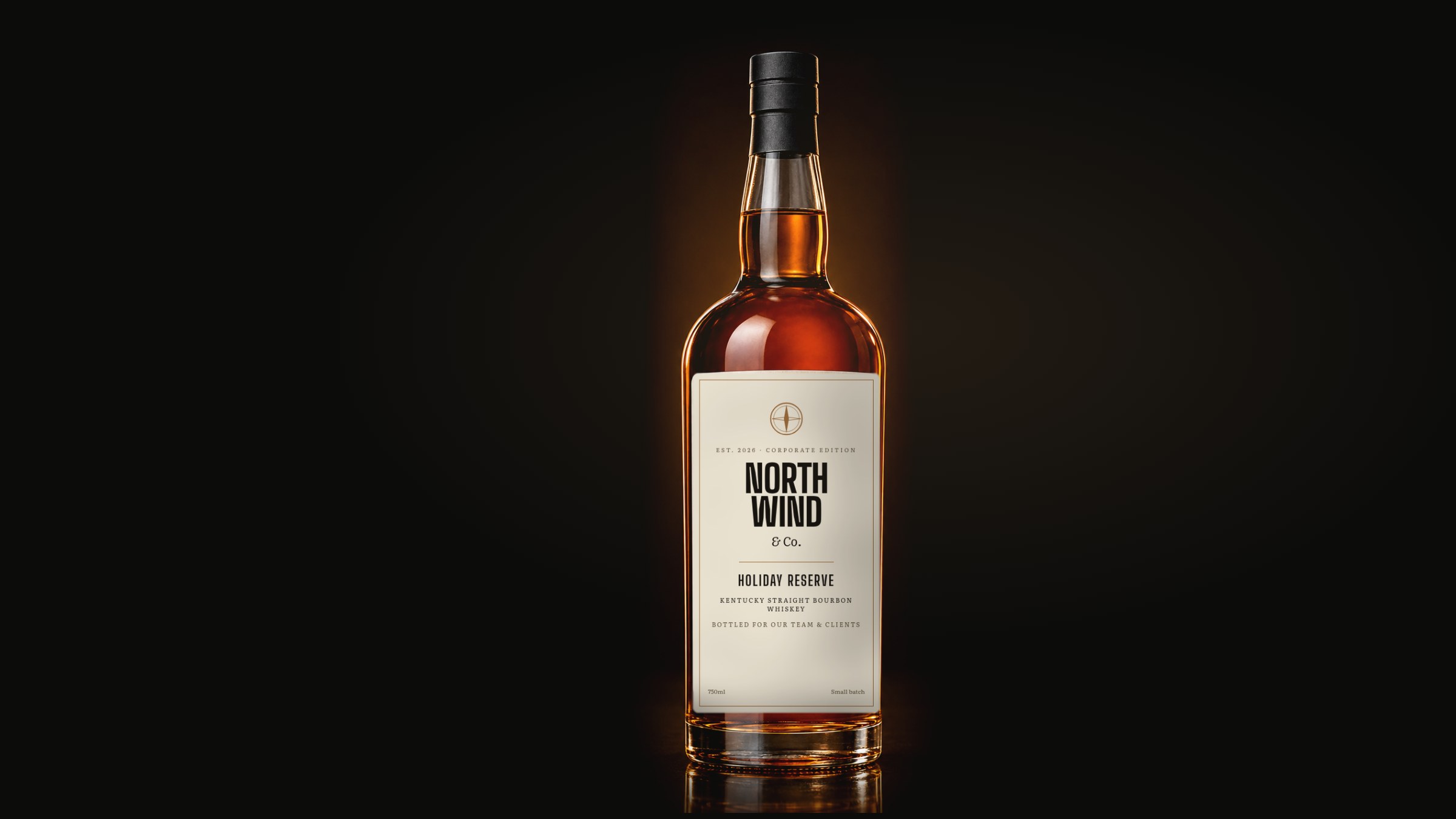 A single whiskey bottle with a custom cream label against a dark background.