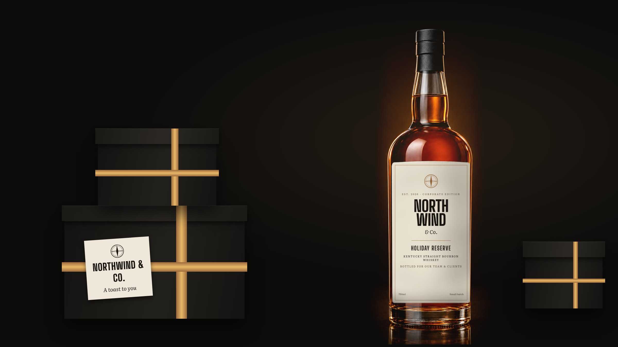 A whiskey bottle with a custom label beside a greeting card.