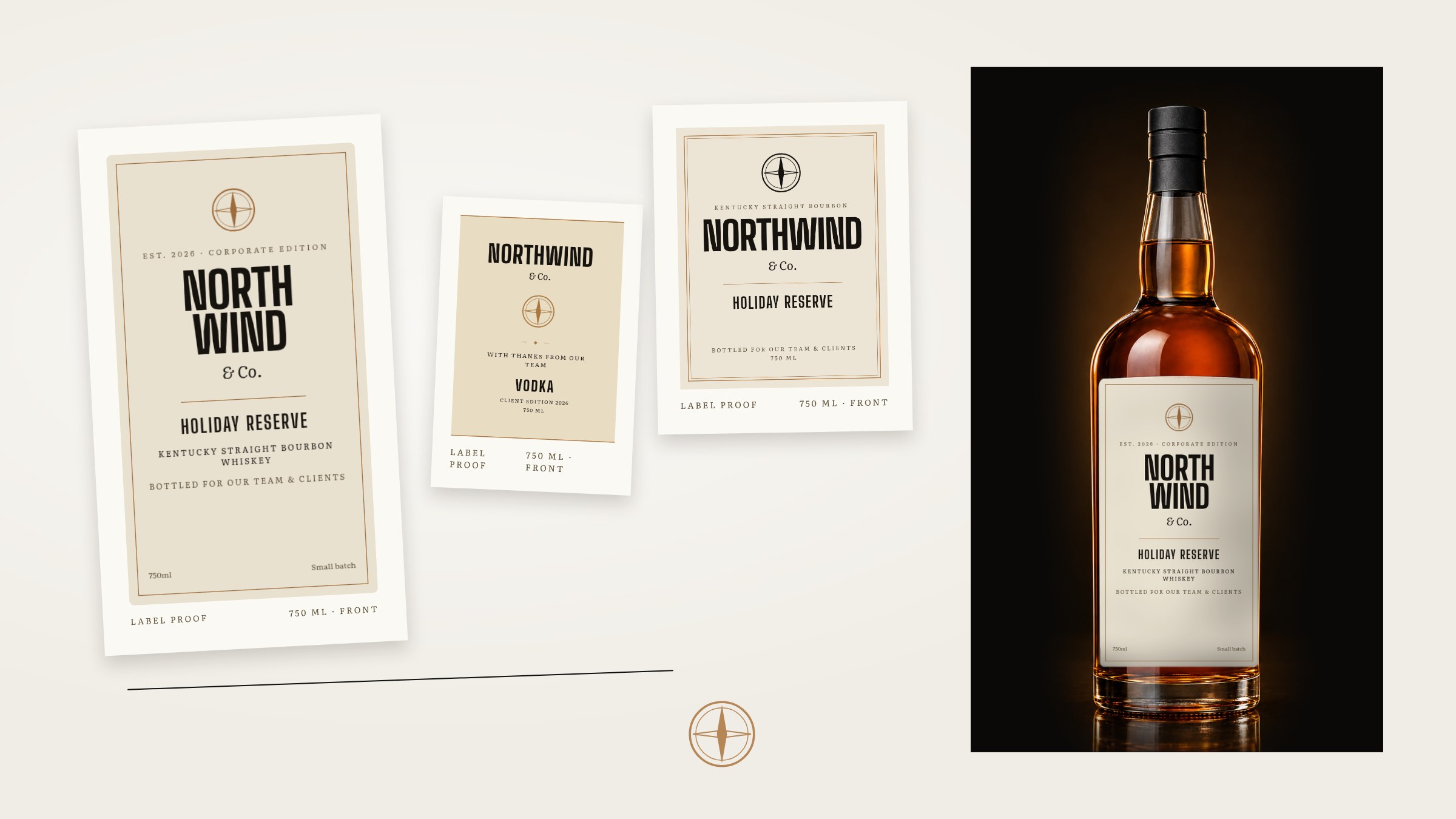 Printed label proofs beside a whiskey bottle with a custom label.
