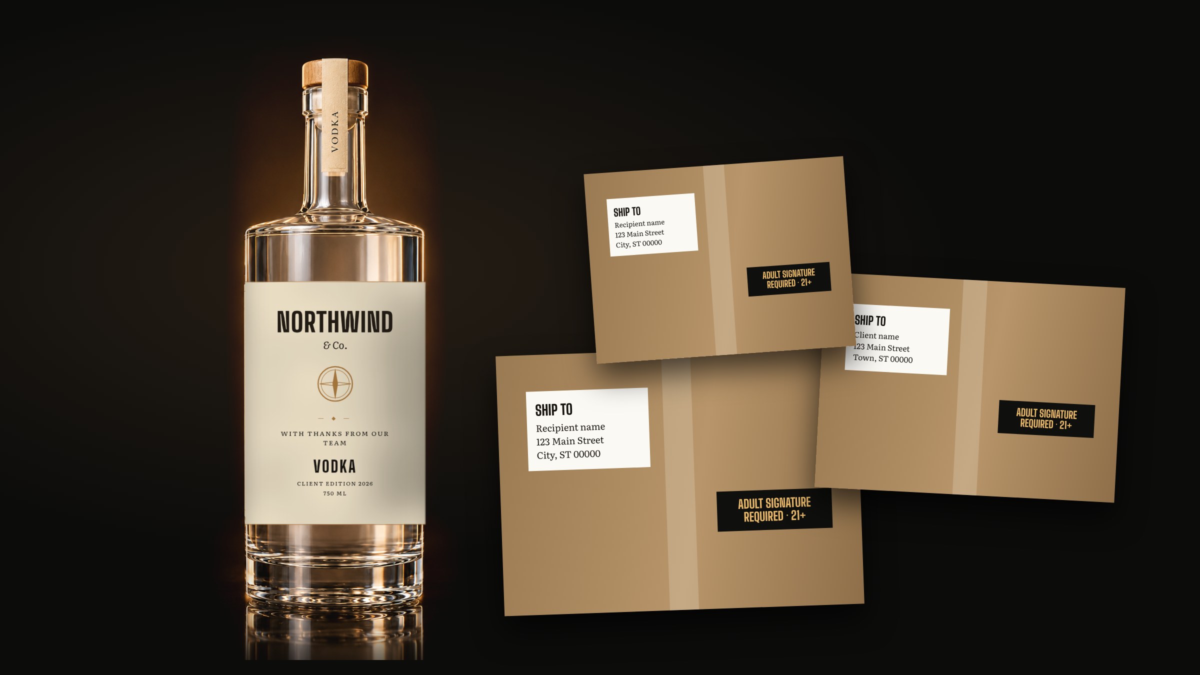 A whiskey bottle with a custom label beside stacked kraft shipping boxes.